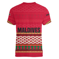 Maldives Tribal Heritage Red Women V-Neck T-Shirt with Cultural Geometric Pattern and Island Flag Print