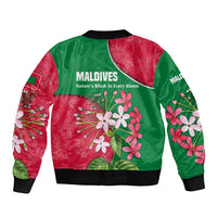Maldives Floral Bloom Bomber Jacket with Tropical Island Blossoms and National Flag Design