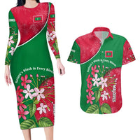 Maldives Floral Bloom Couples Matching Long Sleeve Bodycon Dress and Hawaiian Shirt with Tropical Island Blossoms and National Flag Design