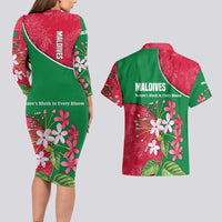 Maldives Floral Bloom Couples Matching Long Sleeve Bodycon Dress and Hawaiian Shirt with Tropical Island Blossoms and National Flag Design
