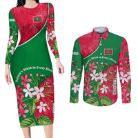 Maldives Floral Bloom Couples Matching Long Sleeve Bodycon Dress and Long Sleeve Button Shirt with Tropical Island Blossoms and National Flag Design