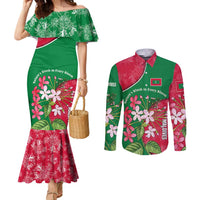 Maldives Floral Bloom Couples Matching Mermaid Dress and Long Sleeve Button Shirt with Tropical Island Blossoms and National Flag Design