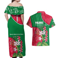 Maldives Floral Bloom Couples Matching Off Shoulder Maxi Dress and Hawaiian Shirt with Tropical Island Blossoms and National Flag Design