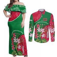 Maldives Floral Bloom Couples Matching Off Shoulder Maxi Dress and Long Sleeve Button Shirt with Tropical Island Blossoms and National Flag Design