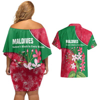 Maldives Floral Bloom Couples Matching Off Shoulder Short Dress and Hawaiian Shirt with Tropical Island Blossoms and National Flag Design