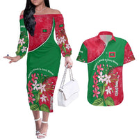 Maldives Floral Bloom Couples Matching Off The Shoulder Long Sleeve Dress and Hawaiian Shirt with Tropical Island Blossoms and National Flag Design