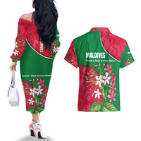 Maldives Floral Bloom Couples Matching Off The Shoulder Long Sleeve Dress and Hawaiian Shirt with Tropical Island Blossoms and National Flag Design
