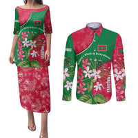 Maldives Floral Bloom Couples Matching Puletasi and Long Sleeve Button Shirt with Tropical Island Blossoms and National Flag Design