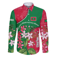 Maldives Floral Bloom Family Matching Off The Shoulder Long Sleeve Dress and Hawaiian Shirt with Tropical Island Blossoms and National Flag Design