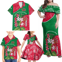 Maldives Floral Bloom Family Matching Off Shoulder Maxi Dress and Hawaiian Shirt with Tropical Island Blossoms and National Flag Design