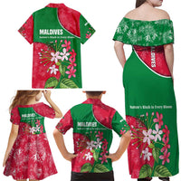 Maldives Floral Bloom Family Matching Off Shoulder Maxi Dress and Hawaiian Shirt with Tropical Island Blossoms and National Flag Design