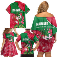 Maldives Floral Bloom Family Matching Off Shoulder Short Dress and Hawaiian Shirt with Tropical Island Blossoms and National Flag Design