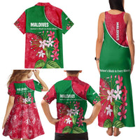 Maldives Floral Bloom Family Matching Tank Maxi Dress and Hawaiian Shirt with Tropical Island Blossoms and National Flag Design