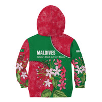 Maldives Floral Bloom Kid Hoodie with Tropical Island Blossoms and National Flag Design