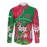 Maldives Floral Bloom Long Sleeve Button Shirt with Tropical Island Blossoms and National Flag Design