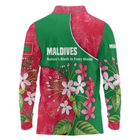 Maldives Floral Bloom Long Sleeve Polo Shirt with Tropical Island Blossoms and National Flag Design