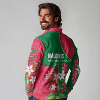 Maldives Floral Bloom Long Sleeve Polo Shirt with Tropical Island Blossoms and National Flag Design
