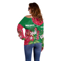 Maldives Floral Bloom Off Shoulder Sweater with Tropical Island Blossoms and National Flag Design