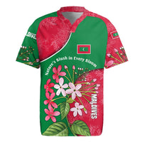 Maldives Floral Bloom Rugby Jersey with Tropical Island Blossoms and National Flag Design