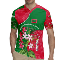 Maldives Floral Bloom Rugby Jersey with Tropical Island Blossoms and National Flag Design