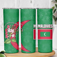 Maldives Floral Bloom Skinny Tumbler with Tropical Island Blossoms and National Flag Design