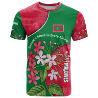 Maldives Floral Bloom T Shirt with Tropical Island Blossoms and National Flag Design