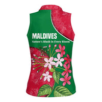 Maldives Floral Bloom Women Sleeveless Polo Shirt with Tropical Island Blossoms and National Flag Design