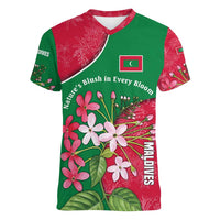 Maldives Floral Bloom Women V-Neck T-Shirt with Tropical Island Blossoms and National Flag Design