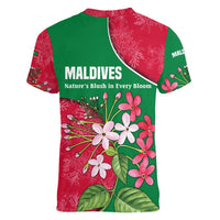 Maldives Floral Bloom Women V-Neck T-Shirt with Tropical Island Blossoms and National Flag Design