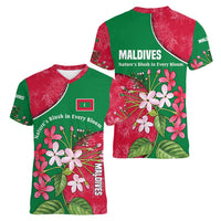 Maldives Floral Bloom Women V-Neck T-Shirt with Tropical Island Blossoms and National Flag Design