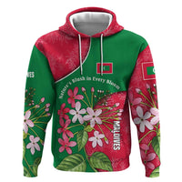 Maldives Floral Bloom Zip Hoodie with Tropical Island Blossoms and National Flag Design