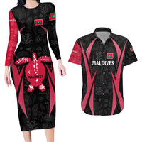 Maldives Dive Turtle Couples Matching Long Sleeve Bodycon Dress and Hawaiian Shirt with Coral Reef Pattern and Island Spirit Slogan
