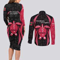 Maldives Dive Turtle Couples Matching Long Sleeve Bodycon Dress and Long Sleeve Button Shirt with Coral Reef Pattern and Island Spirit Slogan