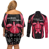 Maldives Dive Turtle Couples Matching Off Shoulder Short Dress and Long Sleeve Button Shirt with Coral Reef Pattern and Island Spirit Slogan