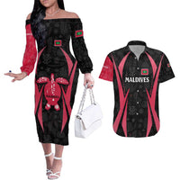 Maldives Dive Turtle Couples Matching Off The Shoulder Long Sleeve Dress and Hawaiian Shirt with Coral Reef Pattern and Island Spirit Slogan