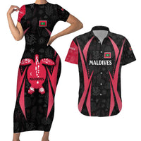 Maldives Dive Turtle Couples Matching Short Sleeve Bodycon Dress and Hawaiian Shirt with Coral Reef Pattern and Island Spirit Slogan