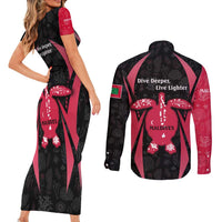 Maldives Dive Turtle Couples Matching Short Sleeve Bodycon Dress and Long Sleeve Button Shirt with Coral Reef Pattern and Island Spirit Slogan