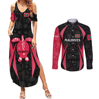Maldives Dive Turtle Couples Matching Summer Maxi Dress and Long Sleeve Button Shirt with Coral Reef Pattern and Island Spirit Slogan