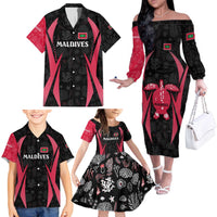 Maldives Dive Turtle Family Matching Off The Shoulder Long Sleeve Dress and Hawaiian Shirt with Coral Reef Pattern and Island Spirit Slogan