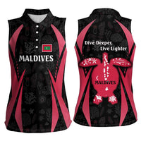 Maldives Dive Turtle Women Sleeveless Polo Shirt with Coral Reef Pattern and Island Spirit Slogan