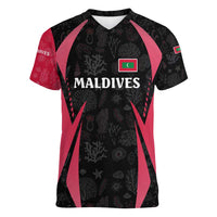 Maldives Dive Turtle Women V-Neck T-Shirt with Coral Reef Pattern and Island Spirit Slogan