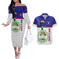 Belize National Emblem Couples Matching Off The Shoulder Long Sleeve Dress and Hawaiian Shirt with Toucan Print and Flag-Inspired Blue Design