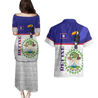 Belize National Emblem Couples Matching Puletasi and Hawaiian Shirt with Toucan Print and Flag-Inspired Blue Design