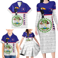 Belize National Emblem Family Matching Long Sleeve Bodycon Dress and Hawaiian Shirt with Toucan Print and Flag-Inspired Blue Design