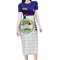 Belize National Emblem Family Matching Long Sleeve Bodycon Dress and Hawaiian Shirt with Toucan Print and Flag-Inspired Blue Design