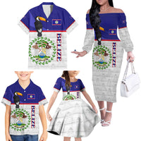 Belize National Emblem Family Matching Off The Shoulder Long Sleeve Dress and Hawaiian Shirt with Toucan Print and Flag-Inspired Blue Design