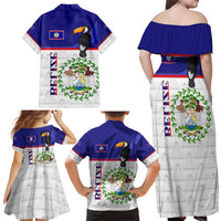 Belize National Emblem Family Matching Off Shoulder Maxi Dress and Hawaiian Shirt with Toucan Print and Flag-Inspired Blue Design
