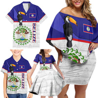 Belize National Emblem Family Matching Off Shoulder Short Dress and Hawaiian Shirt with Toucan Print and Flag-Inspired Blue Design