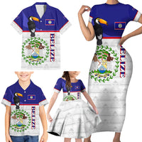Belize National Emblem Family Matching Short Sleeve Bodycon Dress and Hawaiian Shirt with Toucan Print and Flag-Inspired Blue Design