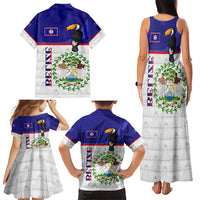 Belize National Emblem Family Matching Tank Maxi Dress and Hawaiian Shirt with Toucan Print and Flag-Inspired Blue Design
